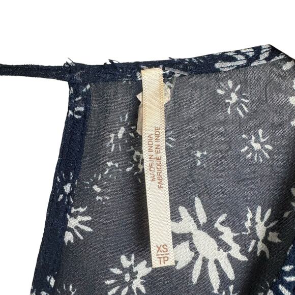 Free People Navy White Floral Long Sleeve Back Tie Blouson Bohemian Midi Dress - Picture 13 of 16